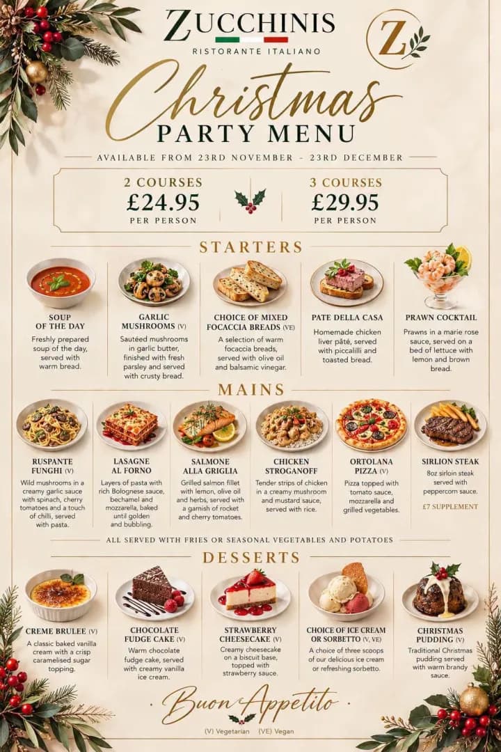 Zucchinis Christmas Party Menu, available from 23rd November to 23rd December