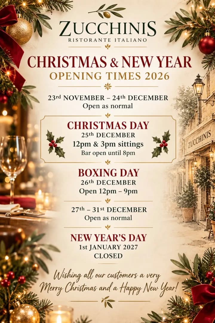 Zucchinis Christmas and New Year opening times 2026