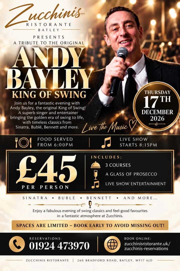 Poster for Andy Bayley, King of Swing, at Zucchinis on Thursday 17th December