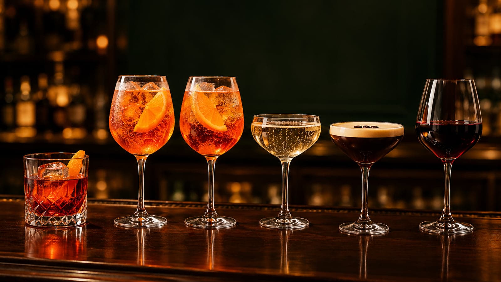 A Negroni, two Aperol spritzes, a glass of prosecco, an espresso martini and a glass of red wine lined up along the bar